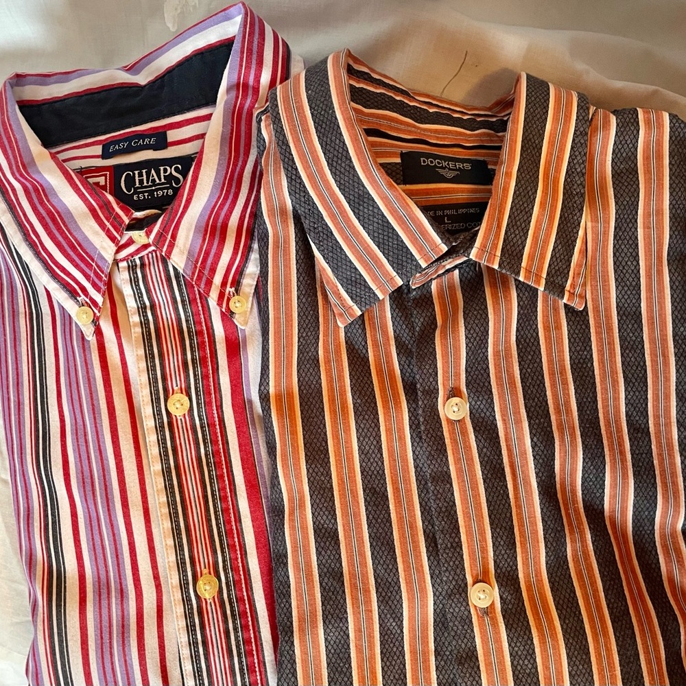 2 Men’s Designer Dress Shirts Chaps & Dockers Size L Long Sleeve both Striped
